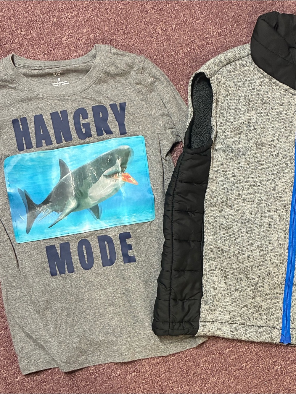 Free Country Gray Short Sleeve Tee with Blue Shark 'Hangry Mode' Graphic